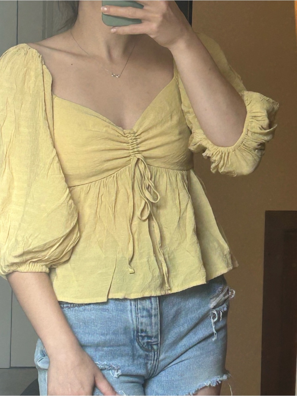 Ruched Tie-Front Puff-Sleeve Blouse in Soft Yellow